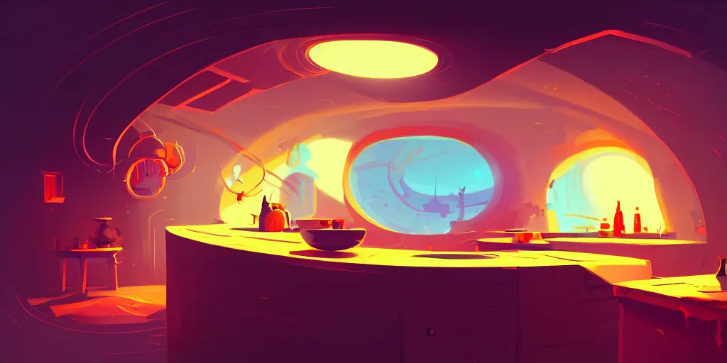 Prompt: naive nerikomi, weird perspective, extra narrow, detailed illustration of a kitchen dim lit by flashlight in a scenic spiral environment by anton fadeev, trending artstation, sci - fi art