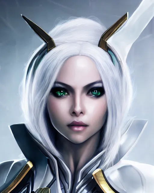 Image similar to perfect white haired attractive egyptian gof, warframe armor, beautiful, symmetric, dreamy, half asian, pretty face, green eyes, charlize theron, detailed, scifi platform, laboratory, experiment, 4 k, ultra realistic, epic lighting, android body, illuminated, cinematic, masterpiece, art by akihito tsukushi, voidstar