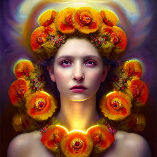 Image similar to portrait of the beautiful young goddess of poppy, surreal, fantasy, intricate, elegant, dramatic lighting, emotionally evoking symbolic metaphor, highly detailed, lifelike, photorealistic, digital painting, painterly, artstation, concept art, smooth, head in focus, sharp focus, illustration, art by John Collier and Krenz Cushart and Artem Demura and Alphonse Mucha and Albert Aublet,