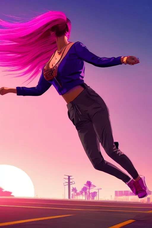 Image similar to a stunning GTA V loading screen with a beautiful dancing woman with ombre purple pink hairstyle, hair blowing in the wind, sunset mood, outrun, vaporware, retro, digital art, trending on artstation
