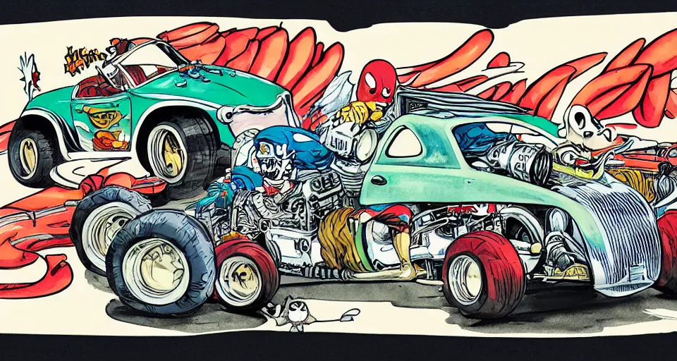 Image similar to funny, comic book style, racoon riding in a tiny hot rod coupe with oversized engine, ratfink style by ed roth, centered award winning watercolor pen illustration, by chihiro iwasaki, edited by range murata