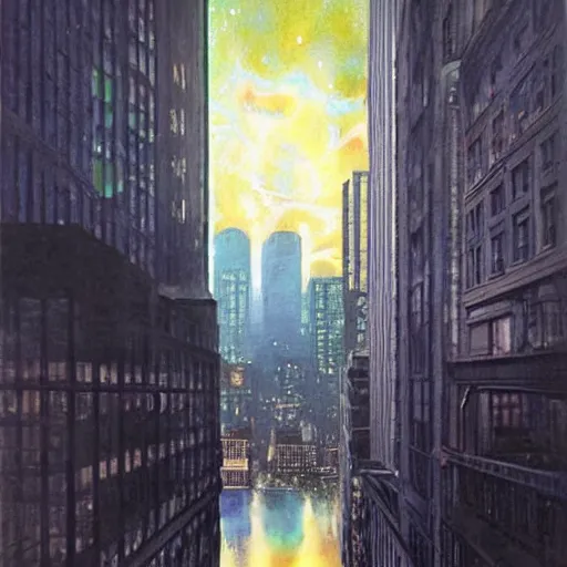 Prompt: photorealistc full - color painting of a distorted glass wall looking through to a nightmarish boston downtown skyline in 1 9 2 5 at night with a horrifying sky, aerial view, dark, brooding, night, atmospheric, horror, cosmic, ultra - realistic, smooth, highly detailed by dave dorman