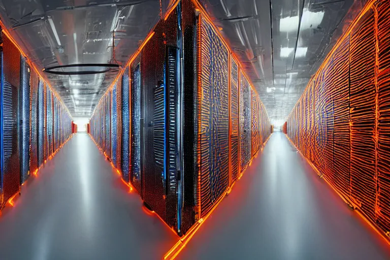 Image similar to a vast and modern Cray supercomputer datacenter. shiny floor, exposed circuit boards and complexes of wiring, orange glowing nixie tubes and tesla coils.