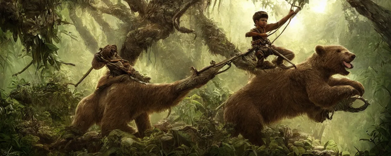 Image similar to an intricate concept illustration of a boy riding on a military bear in the jungle, artstation, fantasy, hyper realistic, concept art, art by dylan cole, cinematic lighting, fantasy color palette