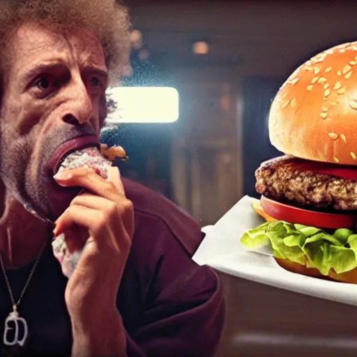 Image similar to kenny g unhinging his jaw to eat a gigantic burger, epic, cinematic, realism, ultra detailed, 8 k, film still