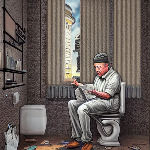 Prompt: gordan freeman on a toilet reading a newspaper, Maximalist, Highly detailed digital art, Realistic art