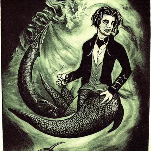 Image similar to male merlock holmes mermaid with a big mermaid tail sitting at the bottom of the sea under water in the style of romanticism