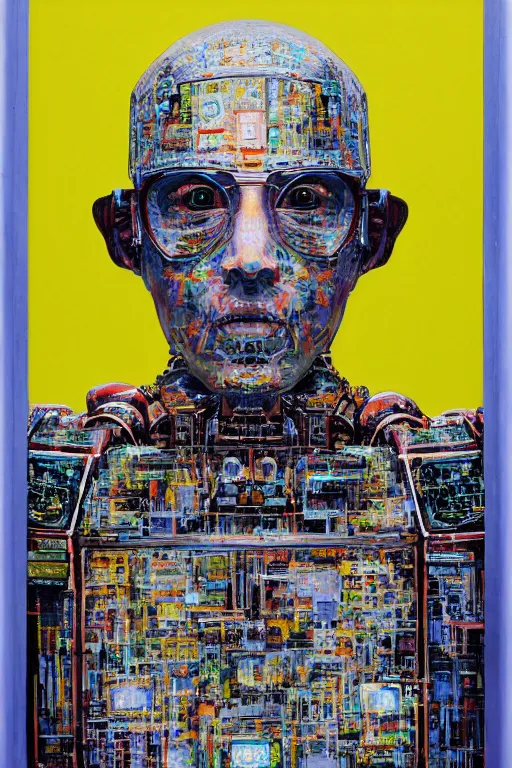 Image similar to robot monk painting a self - portrait on a canvas. intricate, highly detailed, photorealistic, film still, by christopher doyle.