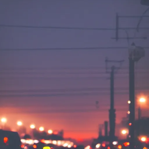 Prompt: photography of car driving down dark road during sunset jdm light posts city in the background