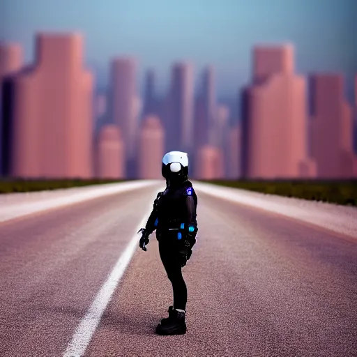 Prompt: photograph of a techwear woman, closeup, on a desert road with a futuristic city in the horizon, sigma 85mm f/1.4, 4k, depth of field, high resolution, 4k, 8k, hd, full color