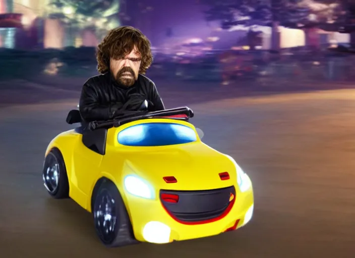 Prompt: peter dinklage driving a little tikes car at night, movie still, from the new fast and furious movie, 8 k, realistic