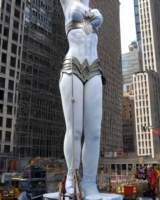 Image similar to a gigantic 500 foot tall white marble statue of Gal Gadot as Wonder Woman surrounded in scaffolding in downtown NYC