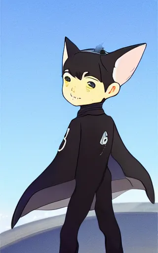 Image similar to little boy with cat ears wearing an latex suit with cape. digital painting made by makoto shinkai and james jean, deep ocean