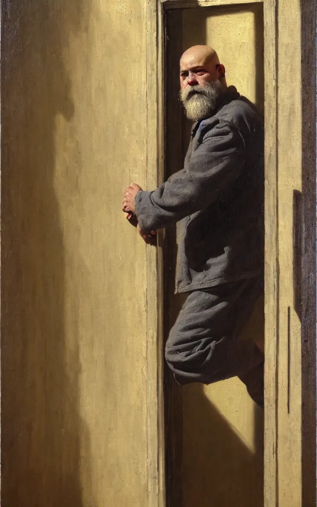 Prompt: realist painted portrait of a rugged bald middle aged man with greying beard standing in a doorway, strong brushwork, natural lighting