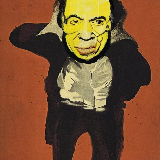 Image similar to hideous by vito acconci, by edouard manet ochre. illustration. a man with a large head & a small body is floating in the air, his arms & legs flailing. his clothes are tattered & he has a wild look in his eyes.