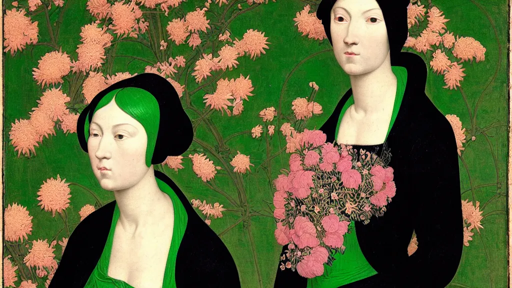 Prompt: portrait of a woman with neon green hair, wearing a black hoodie, standing in a garden full of flowers, intricate details, high detail, in a renaissance style, super-flat, in the style of Jean Auguste Dominique Ingres, James Jean, punk, Asian art,