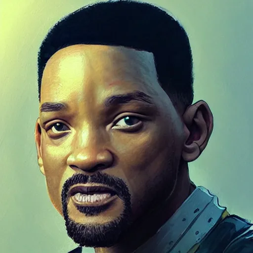 Image similar to “Portrait of Will Smith by Greg Rutkowski, young, manly, attractive, strong, older brother vibes, highly detailed portrait, scifi, digital painting, artstation, concept art, smooth, sharp foccus ilustration, Artstation HQ”