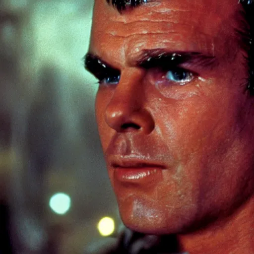 Image similar to young Jack Nicholson as Rick Deckard on blade runner 1982, slightly smiling, wide angle lens, movie still, in color, movie frame, detailed face, symmetrical face, 4k