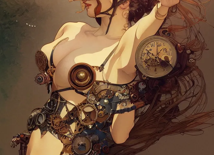 Image similar to woman model, steampunk!!! and modern, swimming, top view, rgb, backlit, elegant, highly detailed, digital painting, artstation, concept art, smooth, sharp focus, illustration, art by krenz cushart and artem demura and alphonse mucha