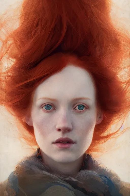 Image similar to of beautiful redhead female, beauty portrait by greg rutkowski, hilma af klint, moebius, victo ngai, sharp focus, global illumination, highly detailed, masterpiece, award winning, post processing