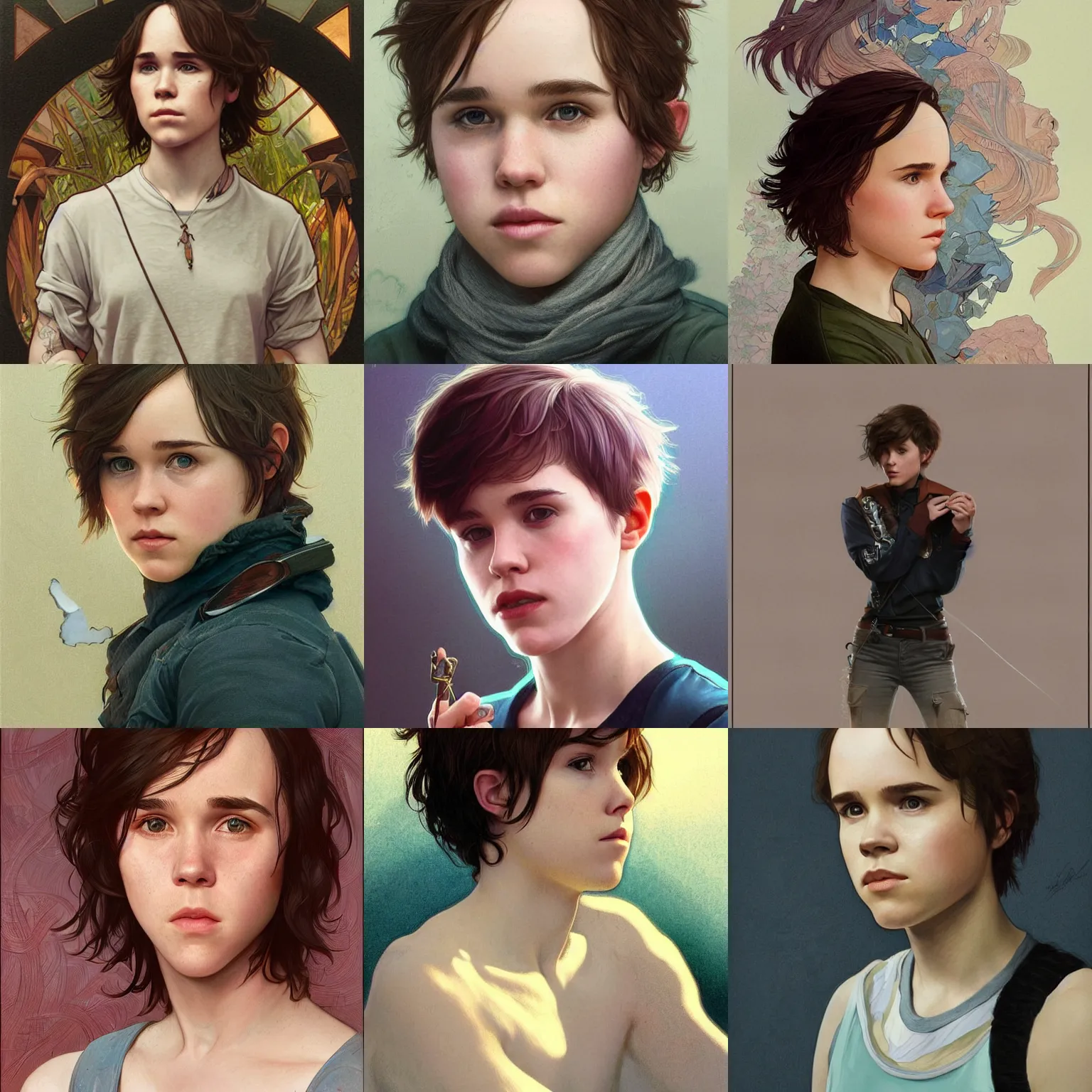 Prompt: character portrait of Ellen Page as a nonbinary androgynous teenager with very short hair, relaxing mood, intricate, wild, highly detailed, digital painting, artstation, upper body, concept art, smooth, sharp focus, illustration, art by artgerm and greg rutkowski and alphonse mucha