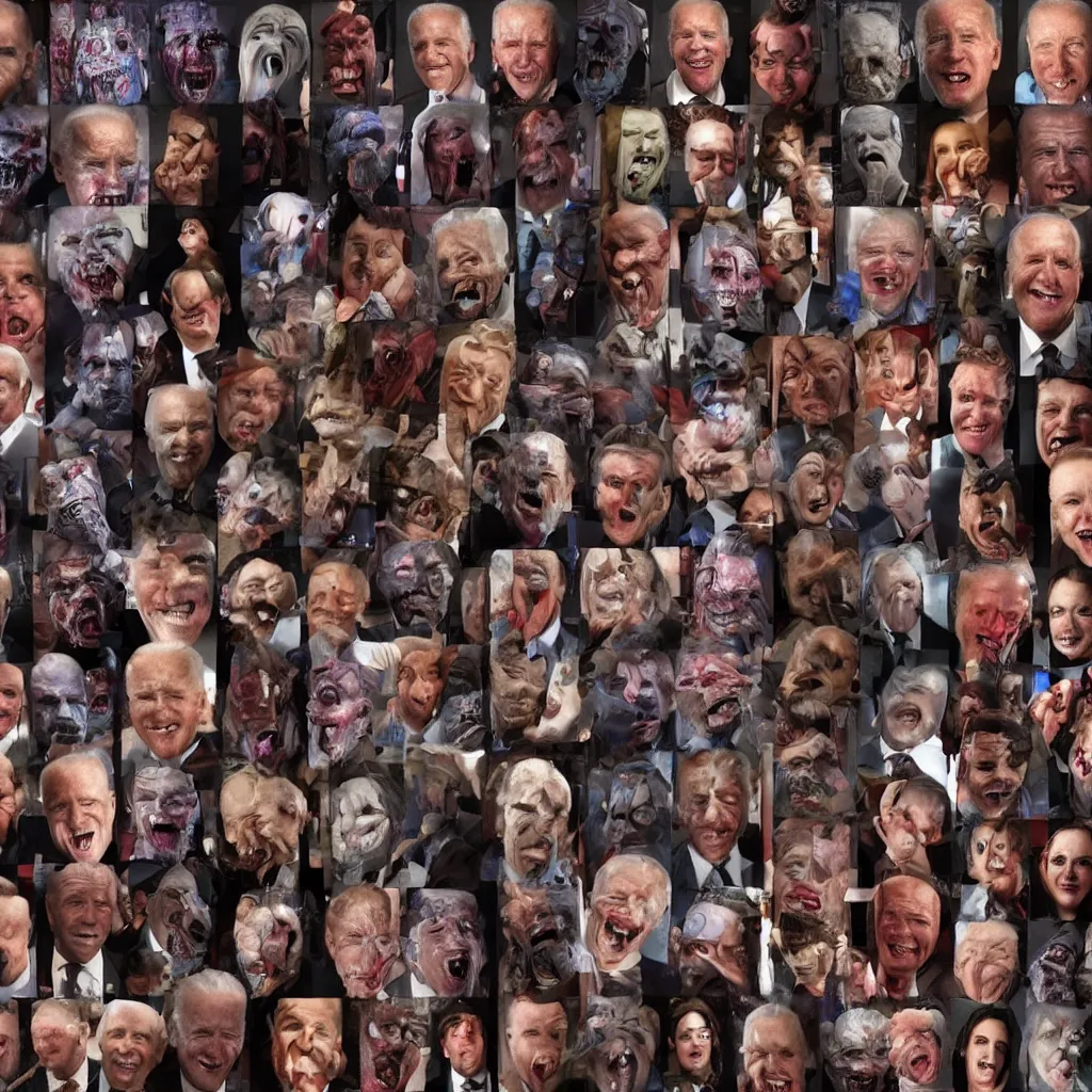Prompt: a mosaic of terrifying faces, joe biden, horror theme, horror lighting, beautiful render, photorealistic, 4 k, rtx, highly detailed, highly detailed faces