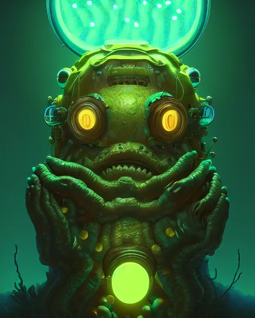 Prompt: portrait of a creepy bioluminescent monster, highly detailed, digital painting, cinematic, hyperrealism, dark retrowave, art by simon stalenhag and stanley lau and artgerm and magali villeneuve and alphonse mucha, artstation hd, octane render, cgsociety