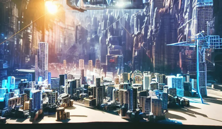 Image similar to crowd of people in simple warehouse, looking at hologram of futuristic city on a table, cinematic concept art, godrays, golden hour, natural sunlight, 4 k, clear details, tabletop model buildings, center model buildings, hologram center, crane shot, crane shot, crane shot