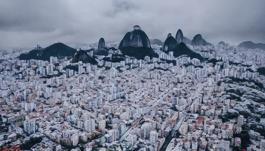 Image similar to the city of rio de janeiro covered in snow, winter photograph, snowing, view from copacabana beach, 4 k, award winning photograph, beautiful, trending on instagram