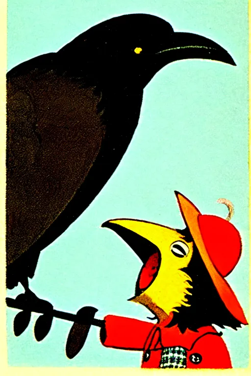 Image similar to by richard scarry. a raven laughing at a scarecrow. a 1 9 5 0 s retro illustration. studio ghibli. muted colors, detailed