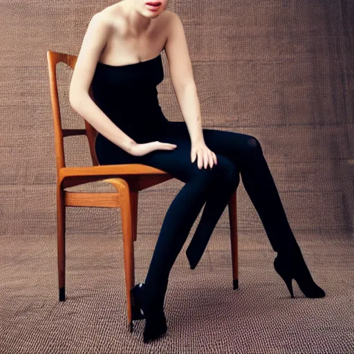 Image similar to beautiful woman sitting on how about midcentury modern wooden chair in the style of mies van der rough high end photoshoot