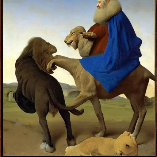 Image similar to old man ( wise long white beard wearing a hooded tunic ) riding on lions back by vermeer