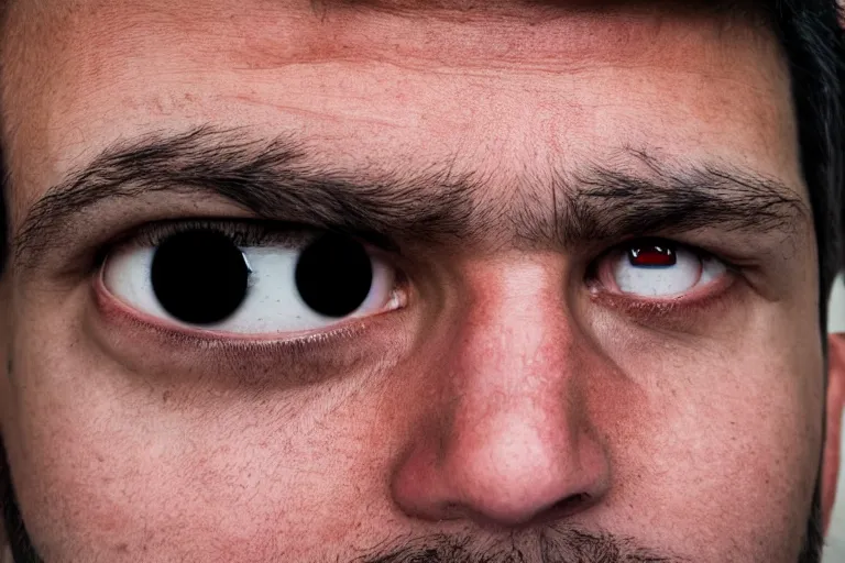 Prompt: wide angle shot of the face of a man with bloodshot eyes