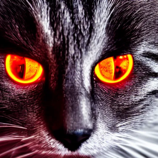 Image similar to metallic cat with red glowing eyes, dramatic lighting, studio photo, 4k, photorealistic, film grain, inspired by the terminator, manga style, anime