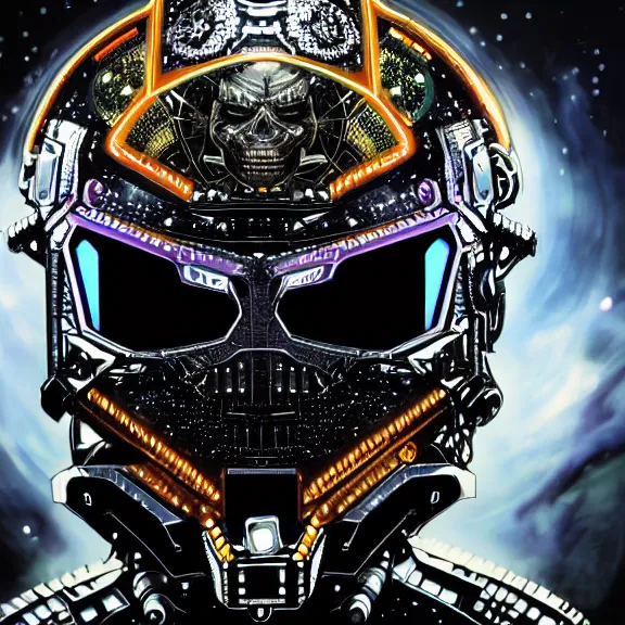 Prompt: a highly detailed space pirate close up portrait of an interstellar criminal radiating a dark unholy aura, an infamous deadly cosmic punisher, master of contraband, ornate black and neon futuristic vibranium high-tech armor, intricate broken nanocomputer space helmet, VR iridium visor, 8k, by Tristan eaton, Stanley Artgermm, Tom Bagshaw, Greg Rutkowski, Carne Griffiths, Ayami Kojima, Beksinski, Giger, trending on DeviantArt, face enhance, hyper detailed, minimalist, cybernetic, android, ghost in the shell, gundam, full of colour,