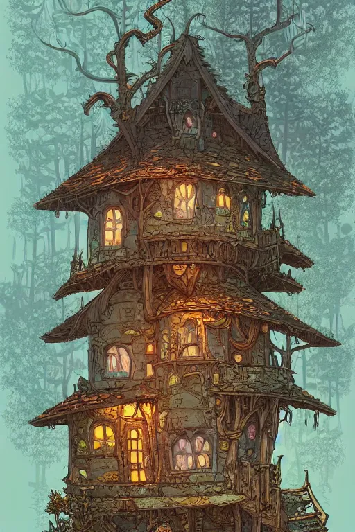 Image similar to a storybook style ramshackle multistory fairytale hut in the forest, intricate, elegant, fantasy, highly detailed, digital painting, concept art, sharp focus, artstation, in style of Laurie Greasley