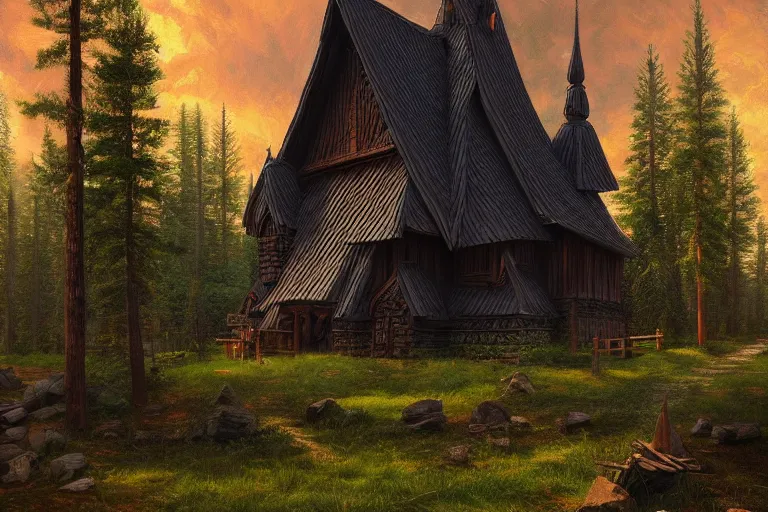 Image similar to small black wooden stave church in pine forest, very detailed, focused, oil painting, colorful, cinematic lighting, canvas, artstation, Vsevolod Ivanov, Albert Bierstadt