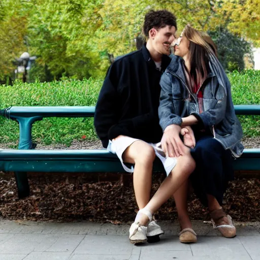 Prompt: a couple sitting on a park bench, dark fantasy