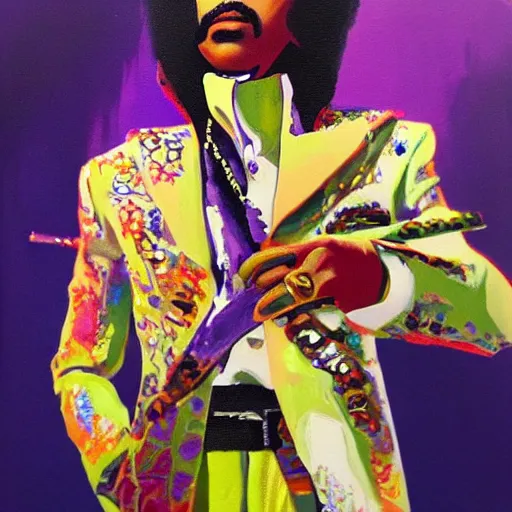 Image similar to a messy painting of Prince as a 70s pimp. Trending on ArtStation