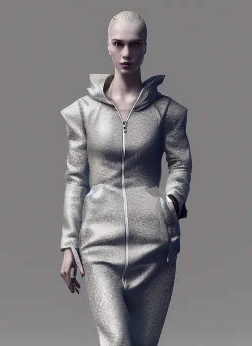 Prompt: an octane render realistic portrait by nick knight of a russian girl detailed features wearing a cargo wedding dress - sporty, sleek, tech utility - chic trend. lots of zippers, pockets, synthetic materials, jumpsuits chic'techno fashion trend by issey miyake and balenciaga