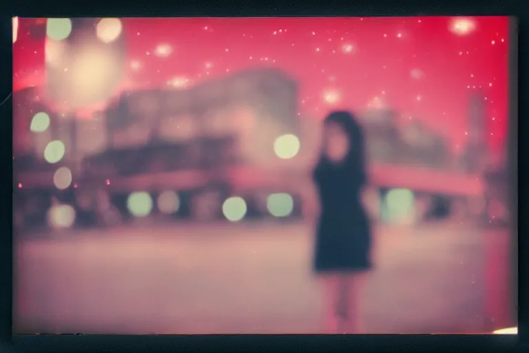 Prompt: blured girl on the red light, focused background night sky with stars, polaroid photo