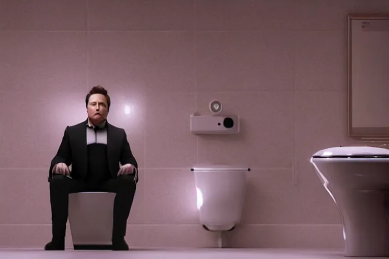 Image similar to hyperrealism aesthetic ridley scott and denis villeneuve style photography of a detailed hyperrealism elon musk, siting on a detailed hyperrealism toilet and scrolling his detailed smartphone in hyperrealism scene from detailed art house movie in style of alejandro jodorowsky and wes anderson volumetric ambient light