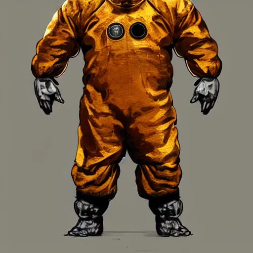 Image similar to portrait of full body bear beast-man wearing a hazmat suit, digital art, concept art, highly detailed, sharp focus