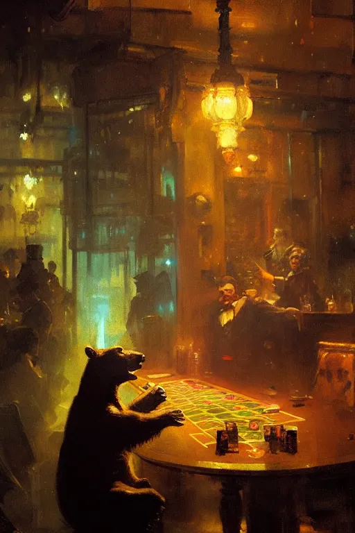 Prompt: portrait of bear gambling in the night club by anders zorn, wonderful masterpiece by greg rutkowski, beautiful cyberpunk lofi cinematic light, by greg manchess, jessica rossier
