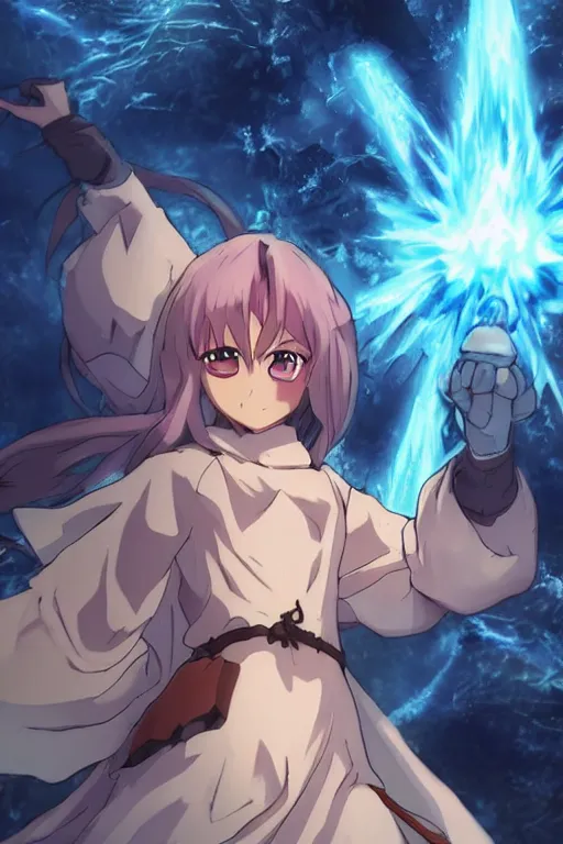 Prompt: cover art of mage summoning a ice golem, ufotable anime style, epic background