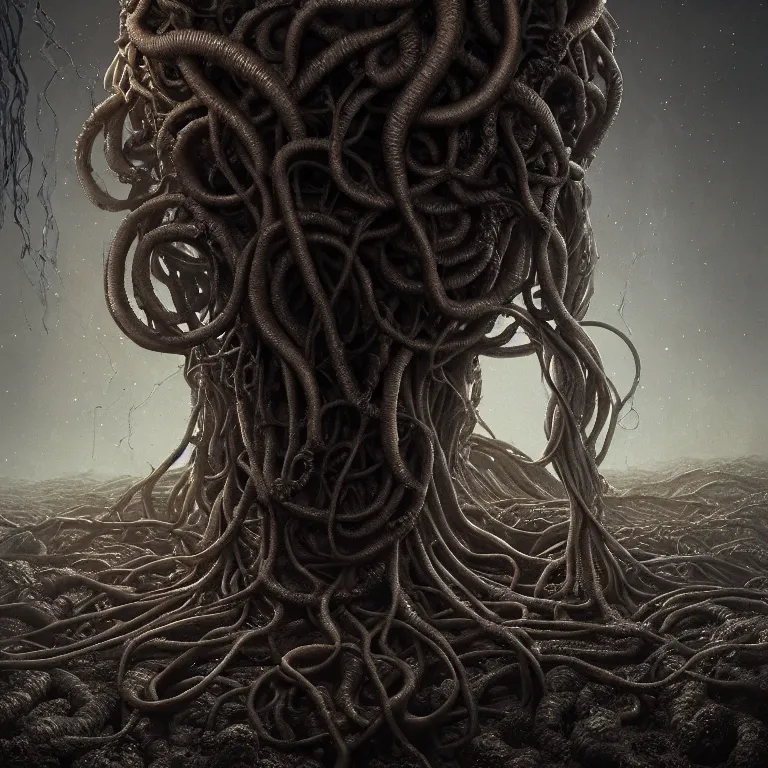 Prompt: ribbed abandoned closeup faceless portrait on exoplanet, covered with tentacles, roots, wires, tubes, baroque painting, standing in a desolate empty wasteland, creepy, nightmare, dream-like heavy atmosphere, surreal abandoned buildings, beautiful detailed intricate insanely detailed octane render trending on Artstation, 8K artistic photography, photorealistic, volumetric cinematic light, chiaroscuro, Raphael, Caravaggio, Beksinski, Giger