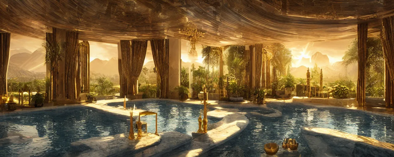 Prompt: surreal hyper luxury spa with intricate golden details with view to arid mountains and palm forest, god rays, light ray beam, candles, ultra detailed, photorealism, sharp focus, volumetric light, global illumination