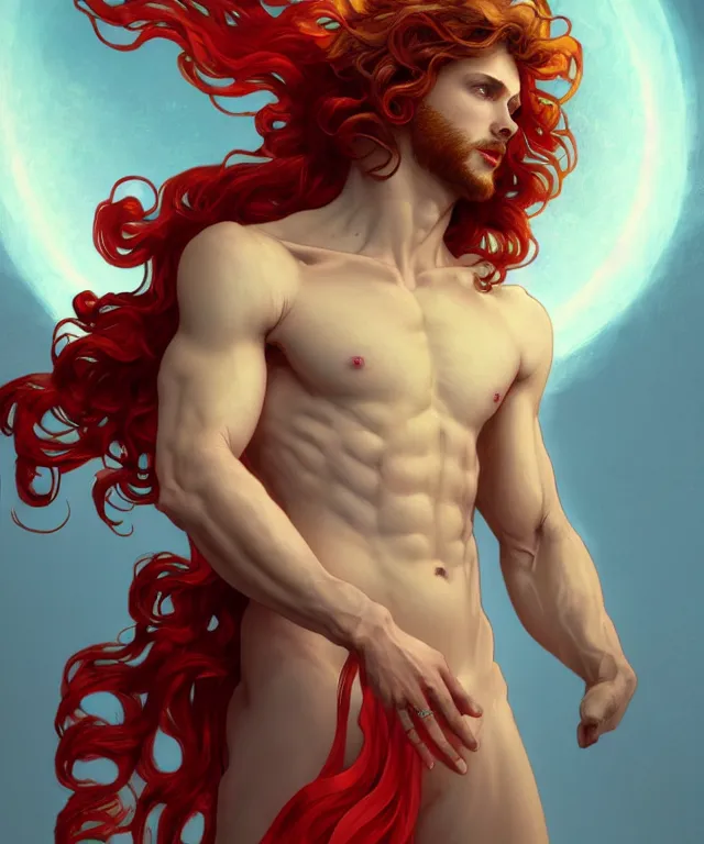 Image similar to symmetrical fullbody portrait of a beautiful young fit male angel with curly blond hairs, full dressed in long fluent red clothes, majestic big demon wings, luminous fire halo, by greg rutkowski and alphonse mucha, gradient white to gold, in front of an hellish background, highly detailed portrait, digital painting, artstation, concept art, smooth, sharp focus illustration