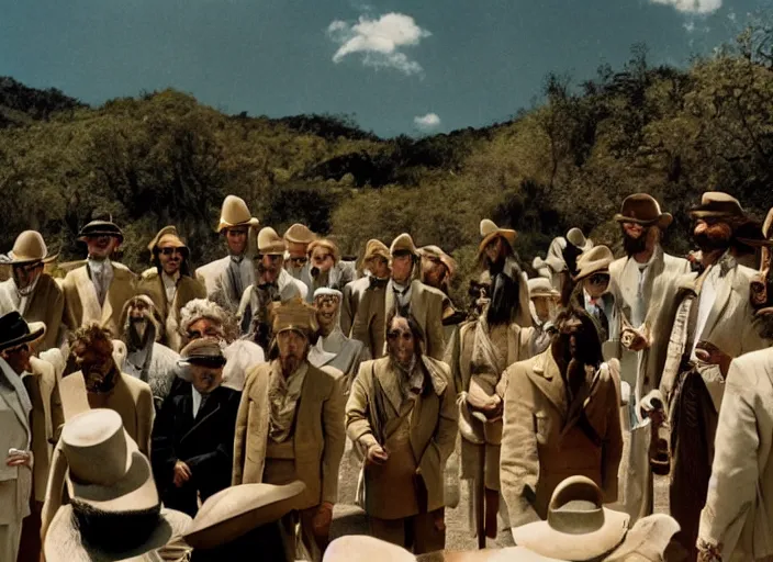 Prompt: 7 0 mm still from the holy mountain film by alejandro jodorowsky, intense scene in a picturesque outdoors setting, extra terrestrial beings in suits holding mirrors for people, close - up view of the actors'faces, technicolor, 8 k