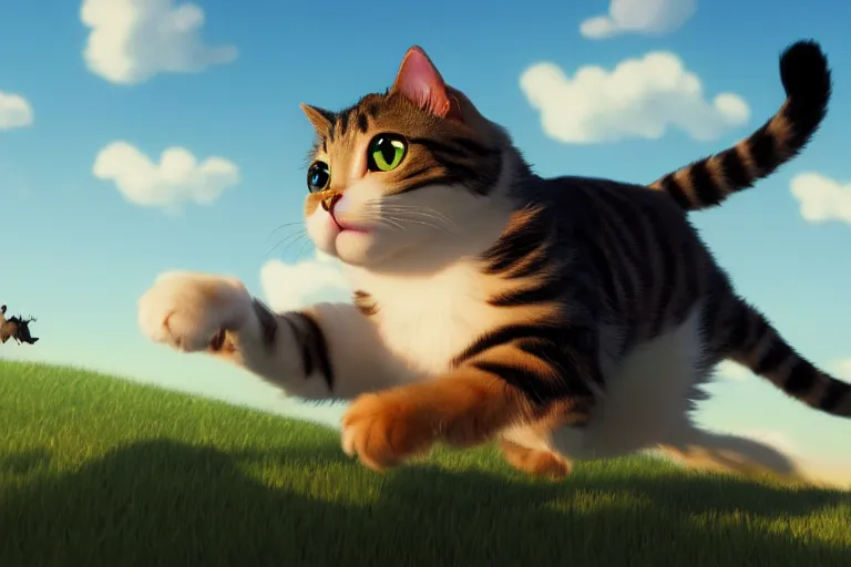 Image similar to a wholesome animation key shot of a cat looking a biplane! in the sky, medium shot, studio ghibli, pixar and disney animation, sharp, rendered in unreal engine 5, anime key art by greg rutkowski, bloom, dramatic lighting